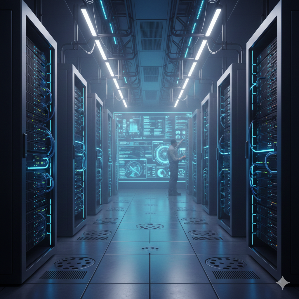 Rack de Servidores, Dashboard de Monitoreo o Red de Conexiones Digitales